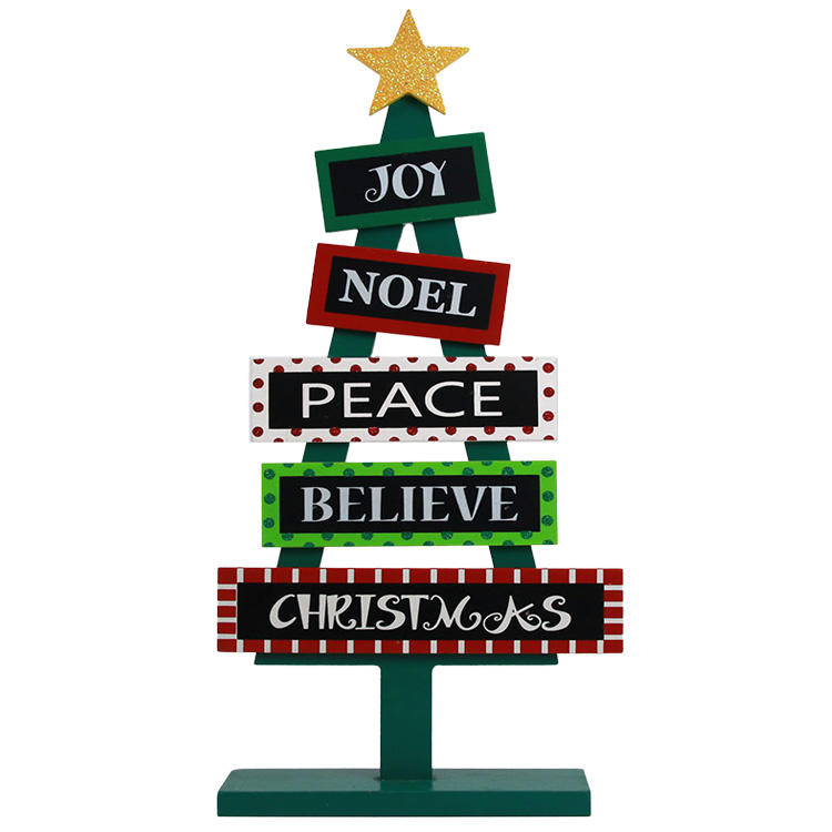 New Arrival Christmas Wood Table Decoration Tree Shaped Wooden Joy Sign JX2110013