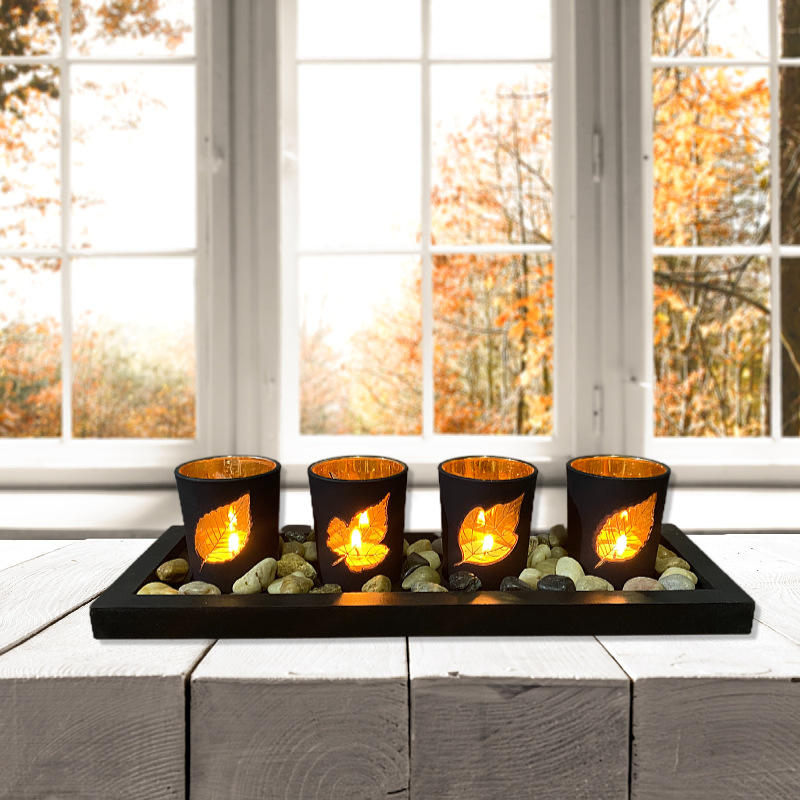 Black leaf hollow candle holder wooden HOME letter creative set glass wax table craft decoration ornaments JX2112082