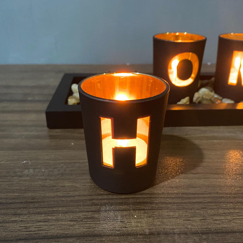 Black leaf hollow candle holder wooden HOME letter creative set glass wax table craft decoration ornaments JX2112082