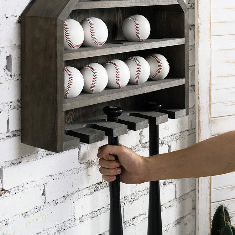 Retro gray wooden baseball bat storage display rack family wall-mounted baseball rack JX2112065